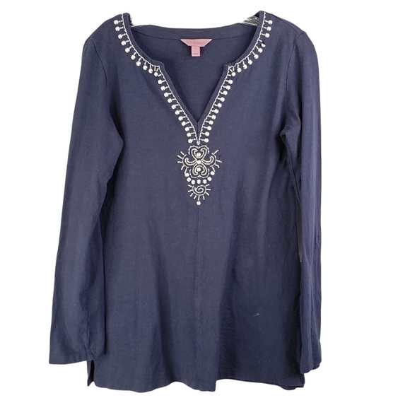Lilly Pulitzer Amelia Island Stretch Tunic Beaded Trim Navy Blue Women’s Small - Picture 1 of 7